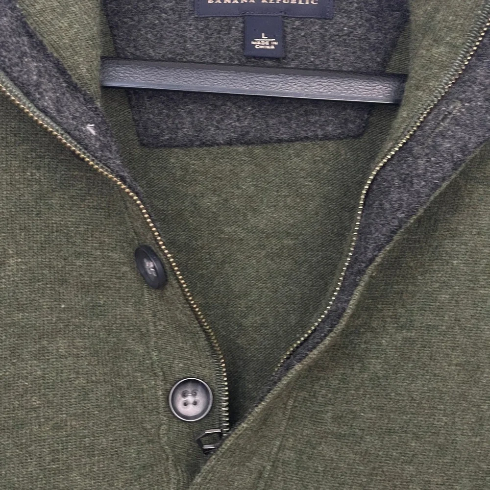 Banana Republic MERINO WOOL 1/4 Zip Button Mens L Mock Neck Sweater Olive‎ Green